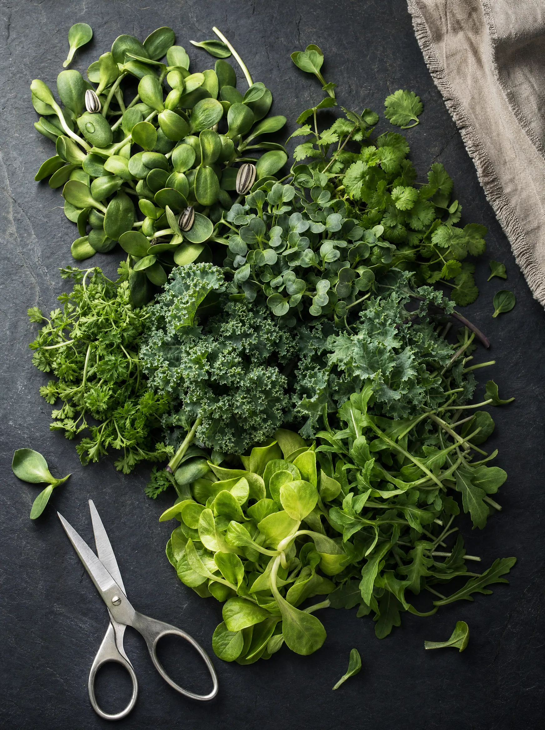Artful arrangement of fresh microgreen varieties on dark slate