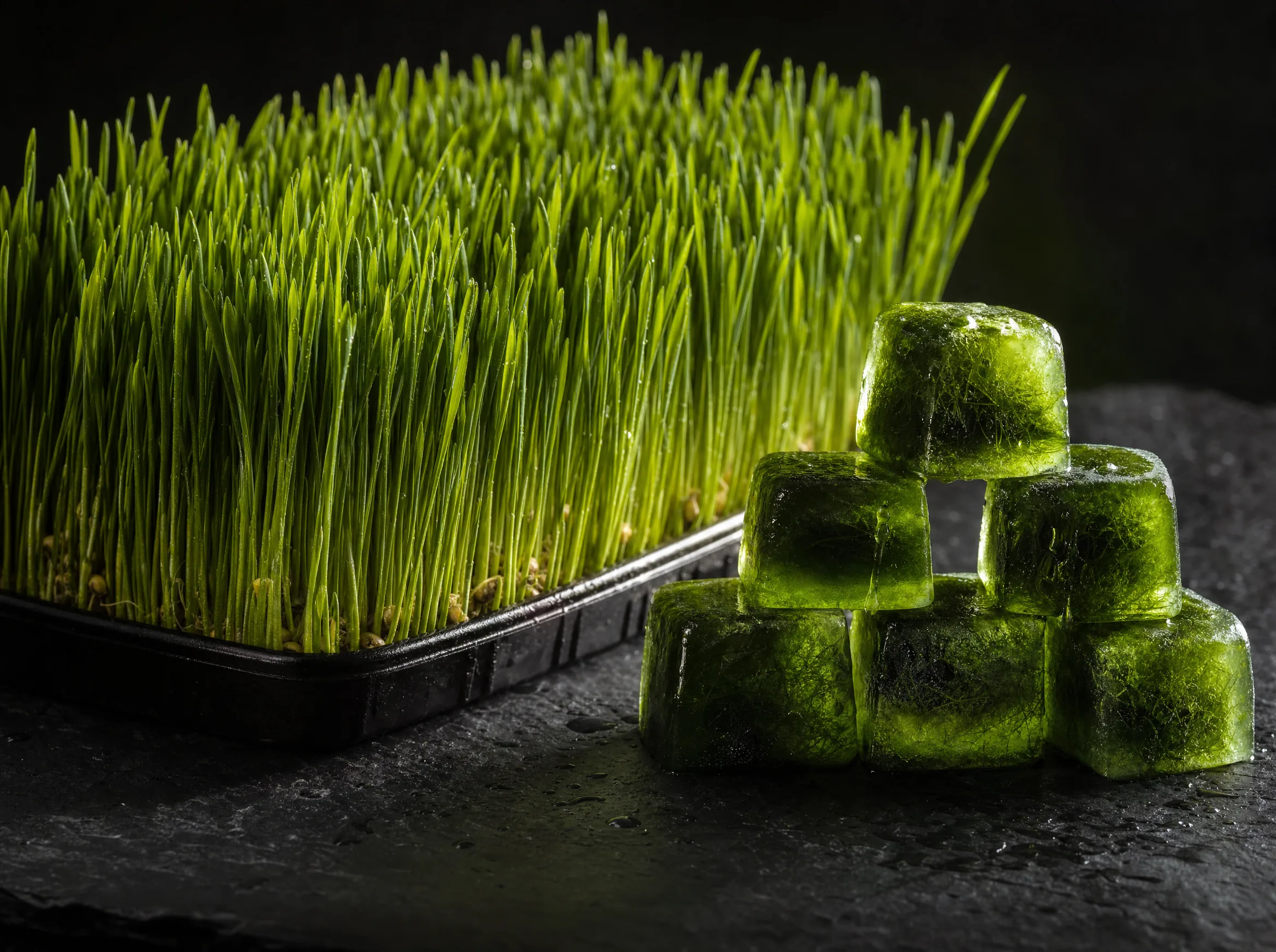 Wheatgrass tray beside stacked cold-pressed green juice cubes on dark slate