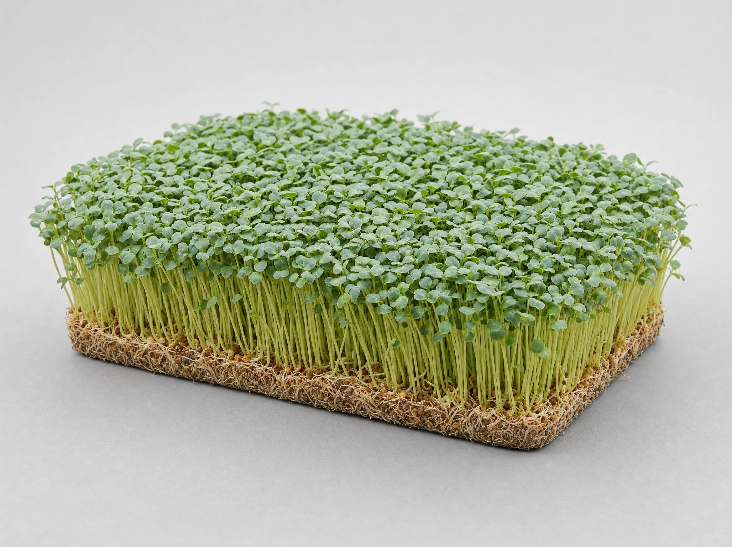 Arugula microgreens — delicate green leaves, dark studio background