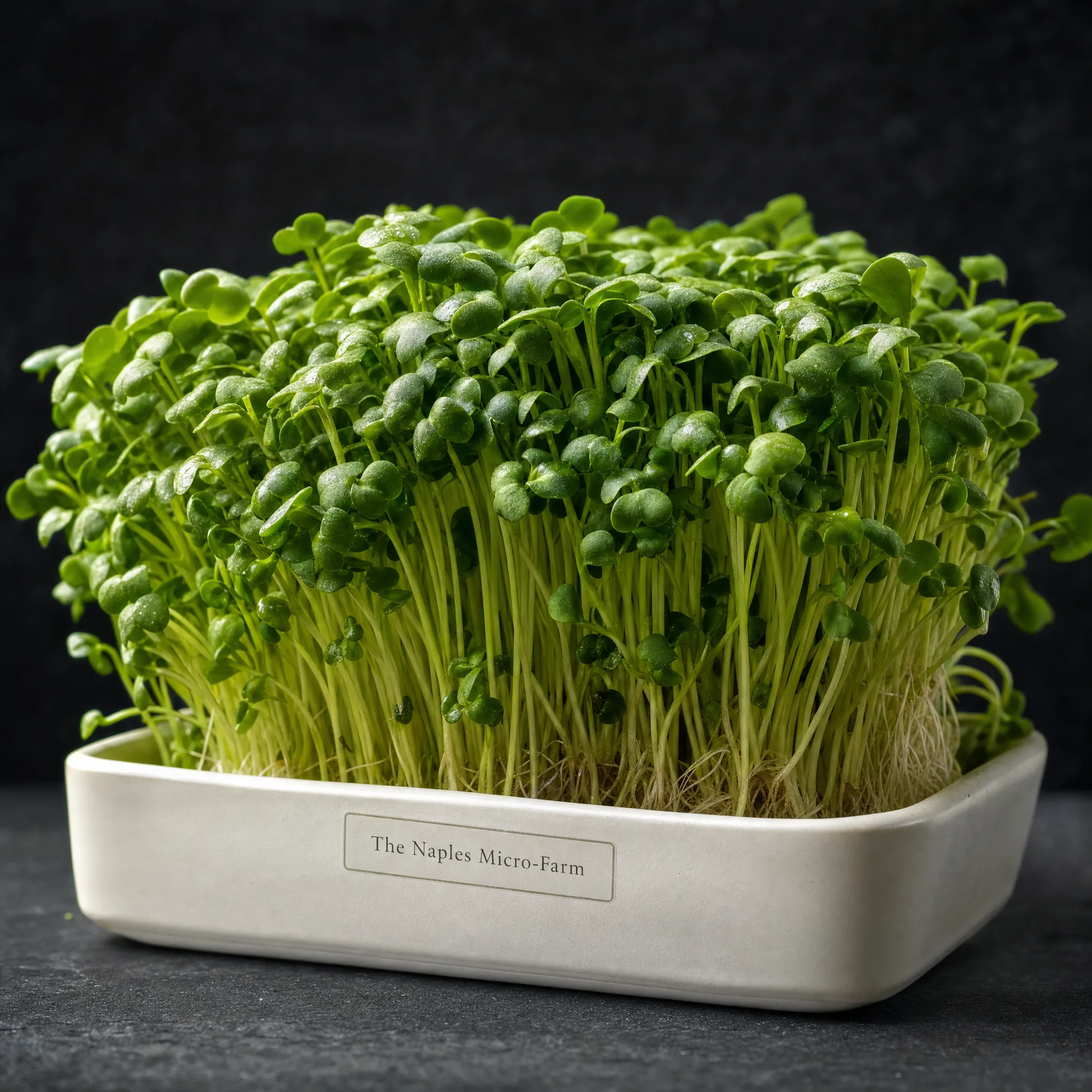 Broccoli microgreens — lush green tray, studio shot with The Naples Micro-Farm branding