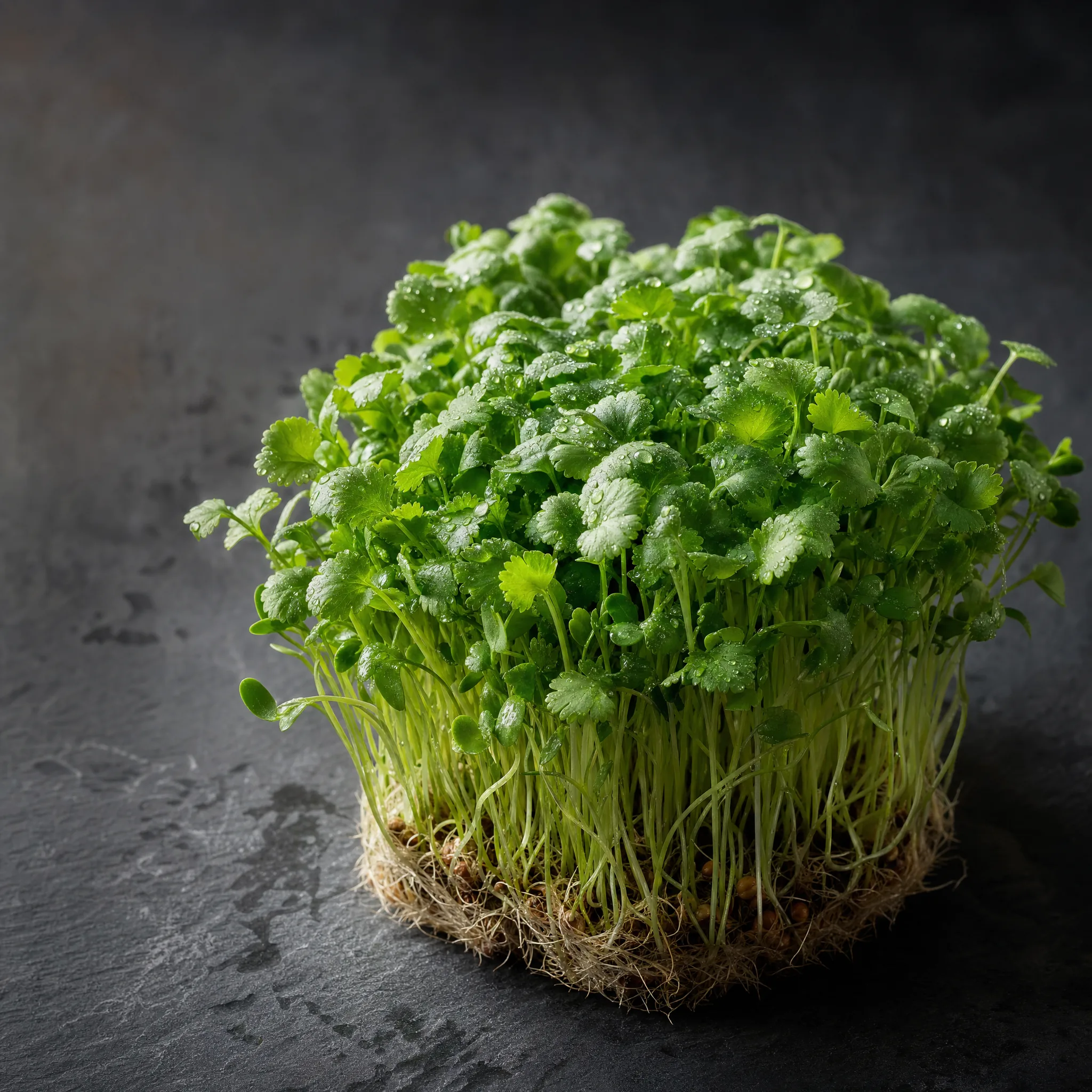 Cilantro microgreens — bright green with citrus aroma, studio tray shot