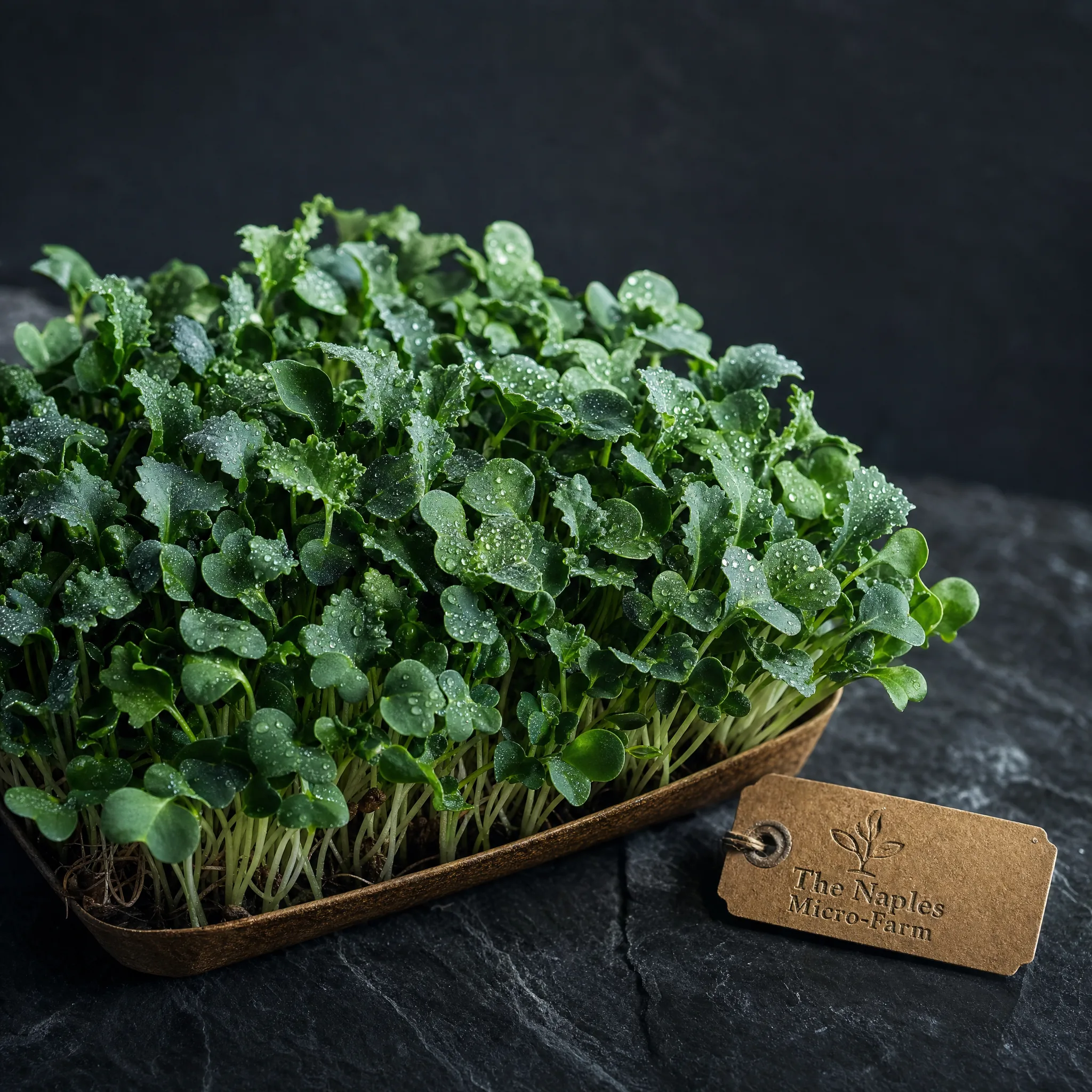 Kale microgreens — deep green dense tray, professional studio shot