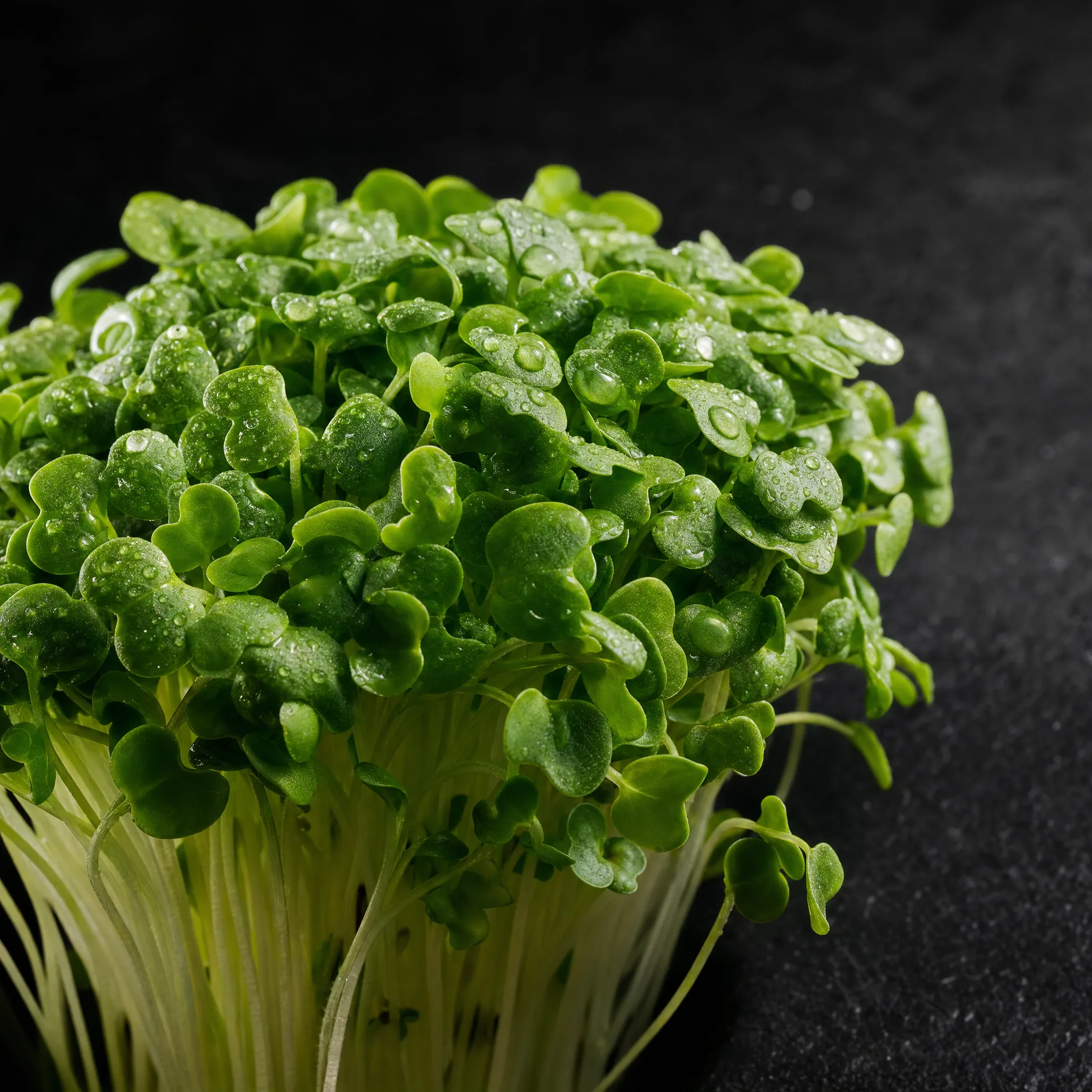 Lettuce microgreens — tender pale green shoots, studio lighting