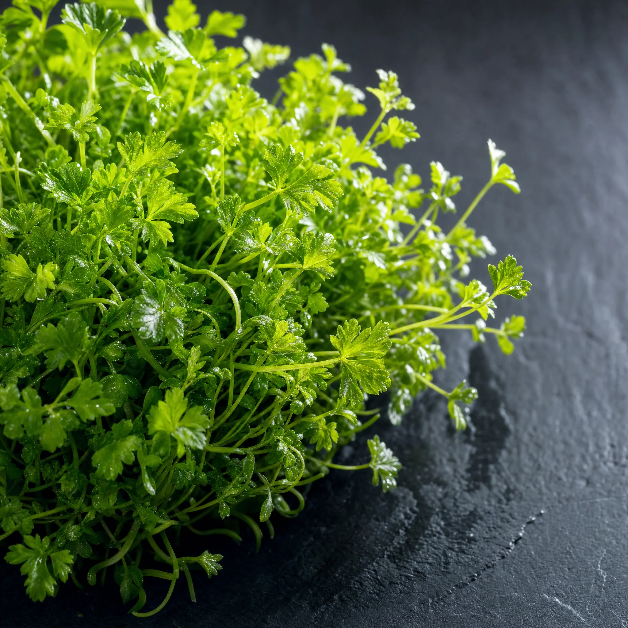 Parsley microgreens — vibrant green tray, clean studio lighting
