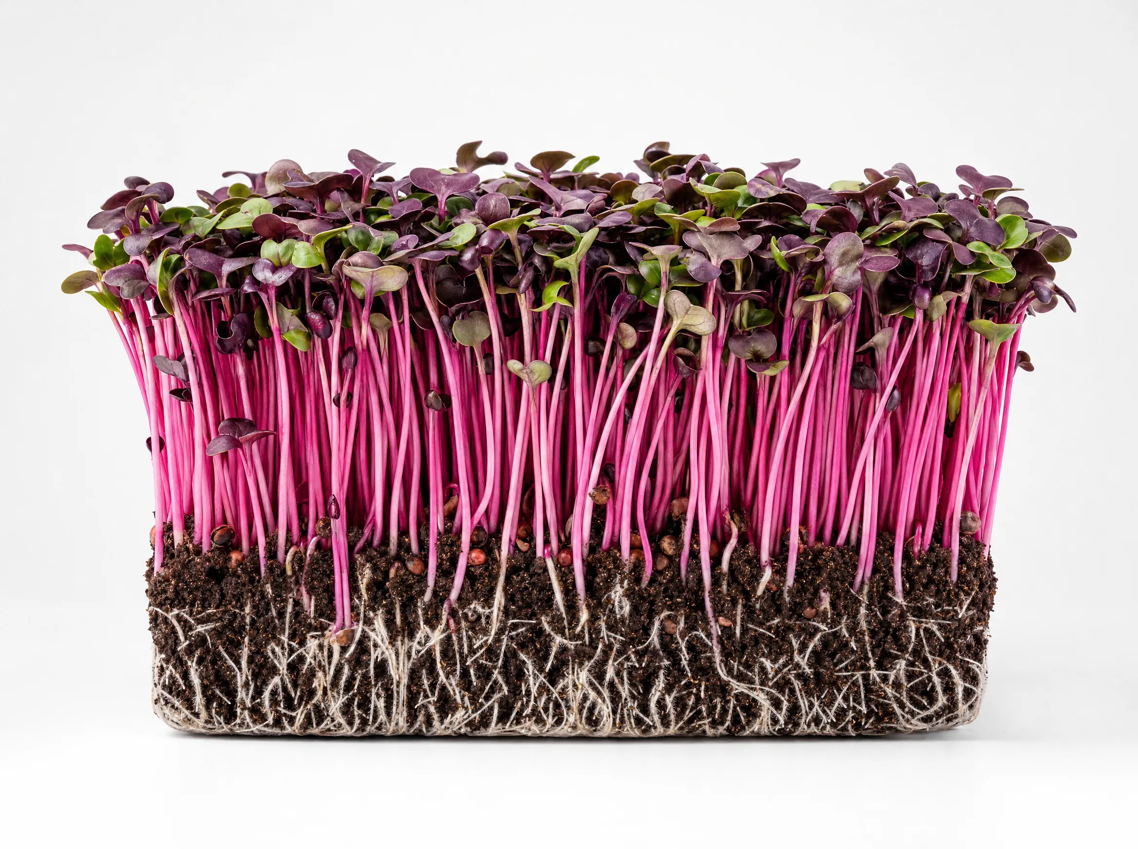 Radish microgreens — bright green with pink-purple stems, studio shot