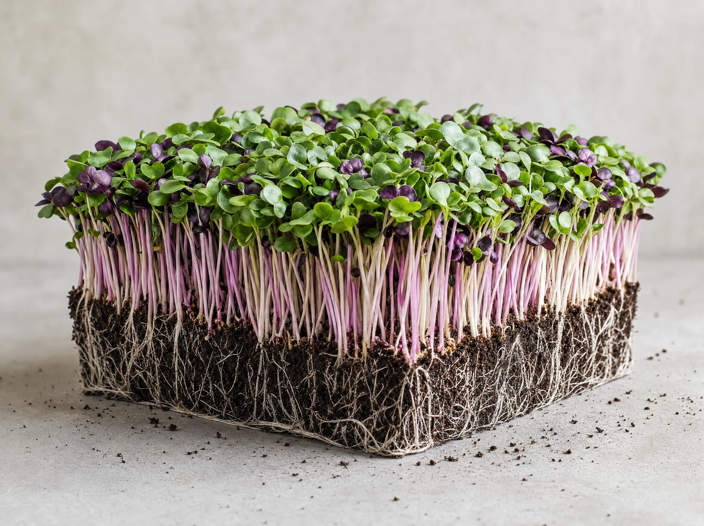Spicy Sala microgreen mix — vibrant mix of arugula and mustard microgreens, studio shot