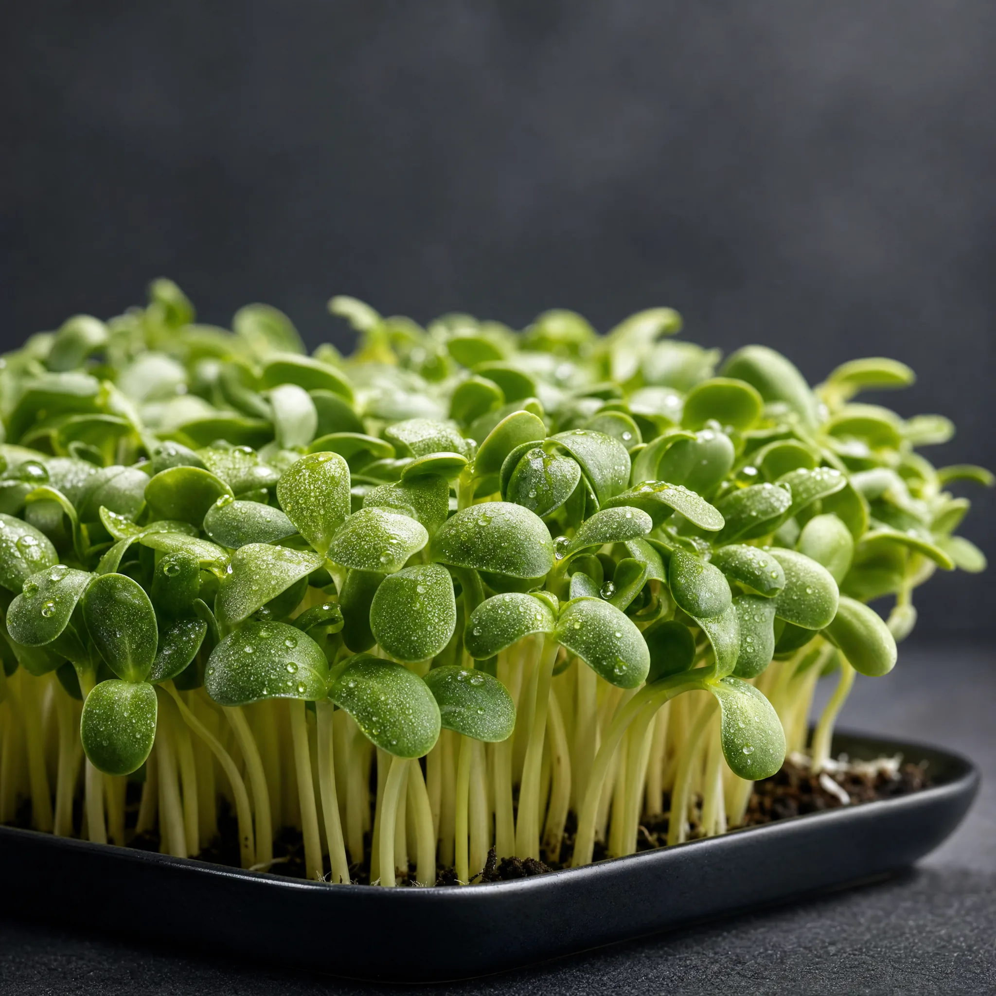 Sunflower microgreens — thick, dewy, close-up studio shot